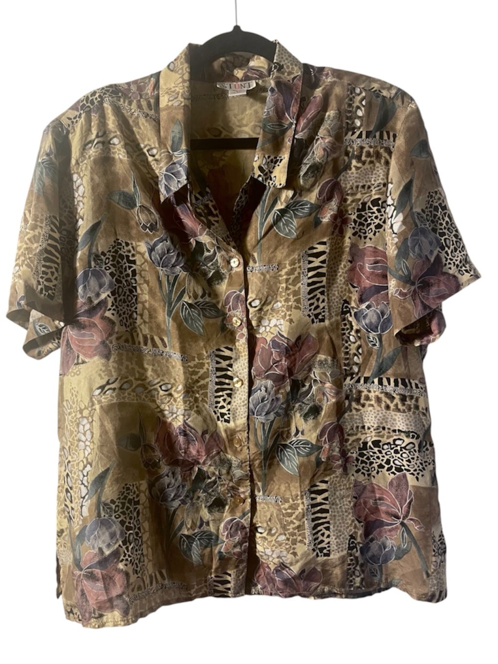 STUNT Vintage 100% Silk Eclectic Avant-Garde Floral Animal Print  Blouse XL